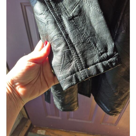 Vintage patch work 1980s black‎ leather trench coat womens size large with belt - Picture 3 of 6
